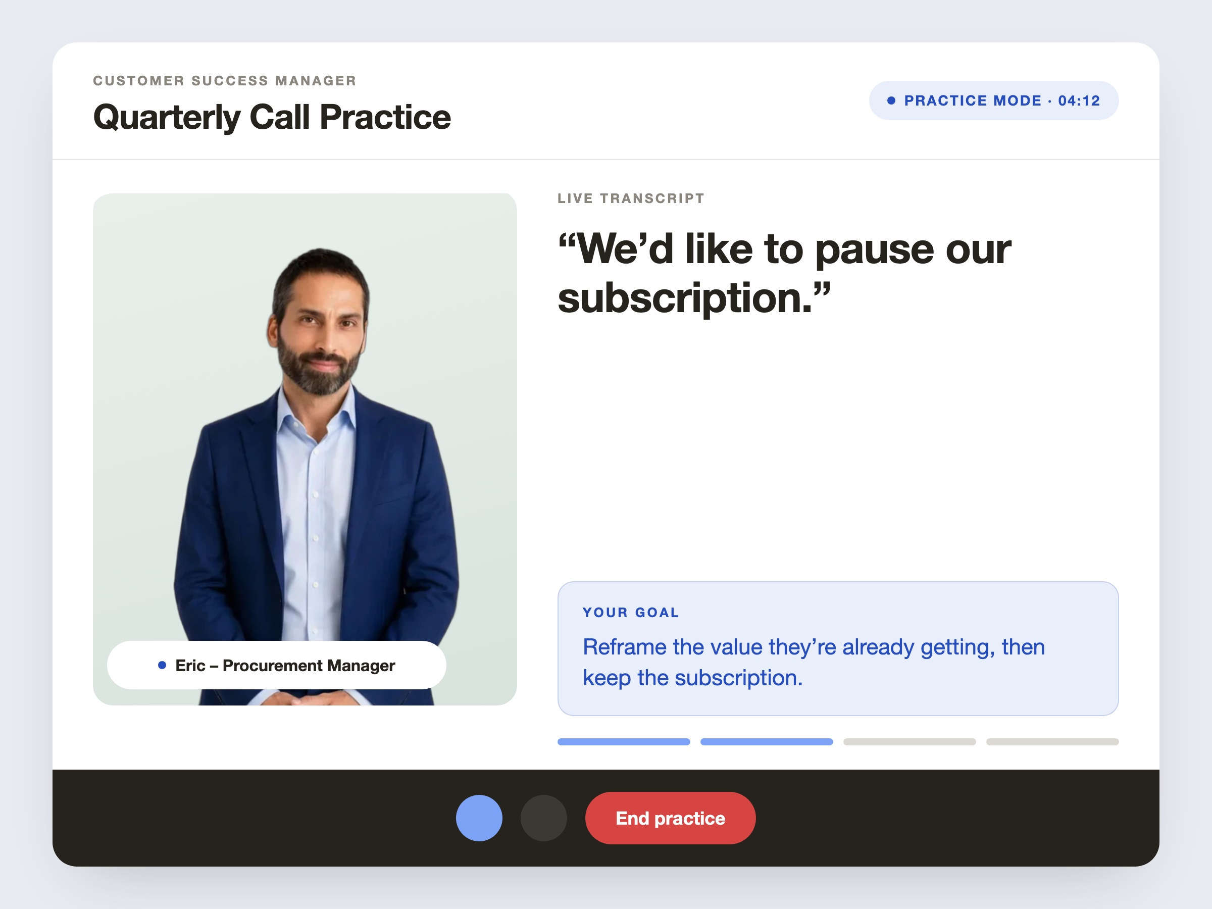 Quarterly call practice interface where Eric, a MeshLite avatar, roleplays a customer asking to pause a subscription