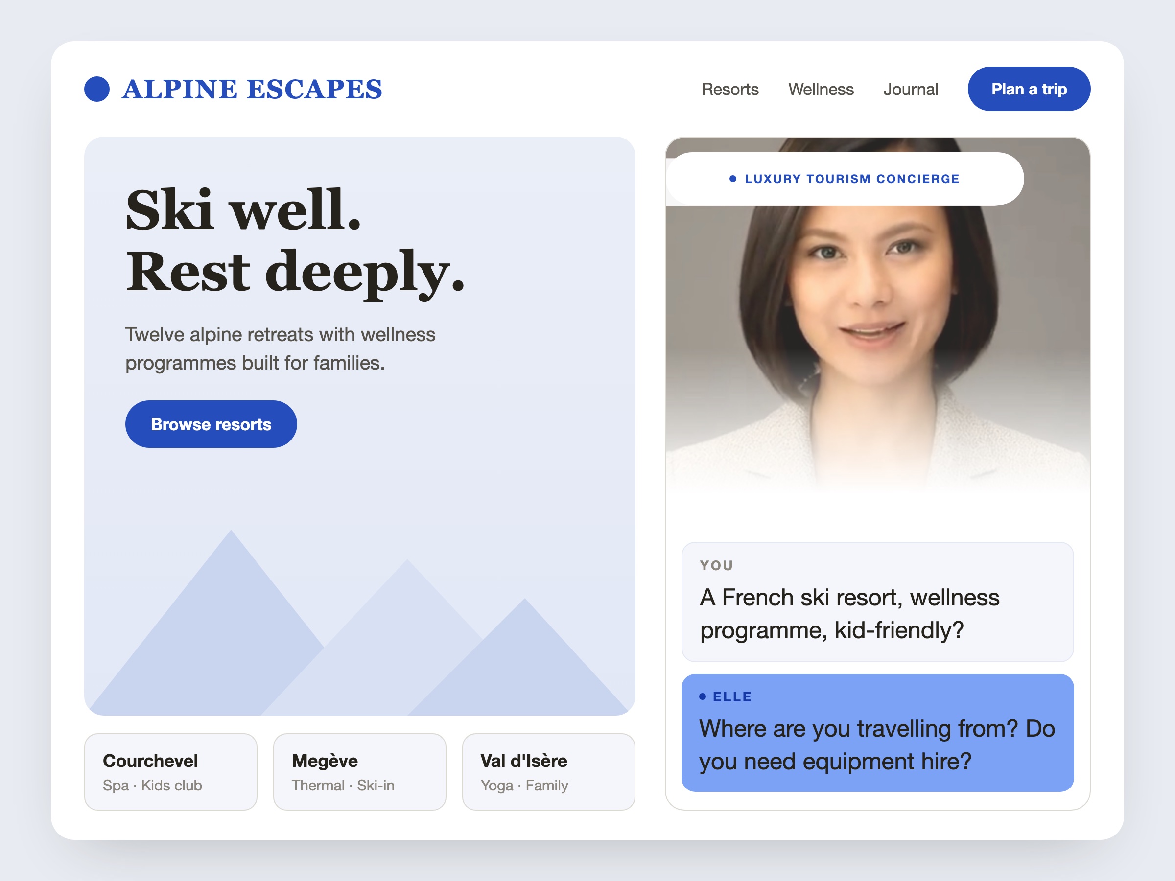 Ski resort website where Elle, a MeshLite avatar concierge, helps a visitor find a family-friendly French resort